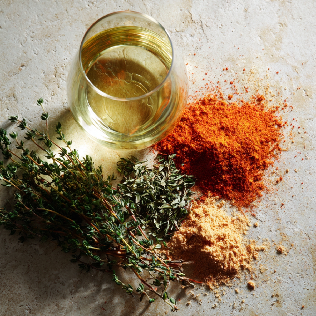 Fresh thyme, dried herbs, ground spices, and a glass of white wine arranged on a stone countertop.