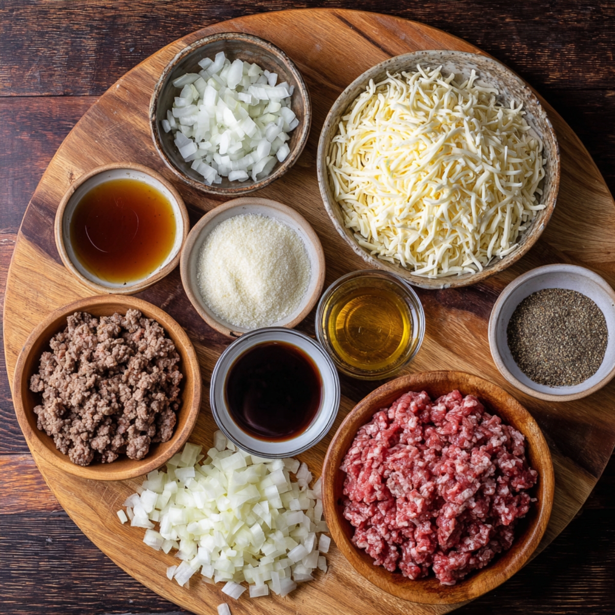 A circular wooden board with small bowls of ingredients: raw and cooked ground beef, diced onions, shredded cheese, parmesan, Worcestershire sauce, oil, and black pepper.
