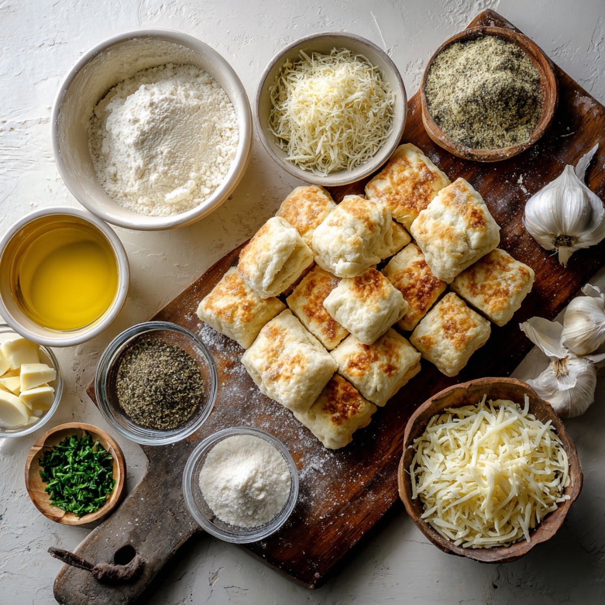 An overhead shot of ingredients laid out on a wooden board: flour, shredded cheese, parmesan, garlic cloves, oil, butter, herbs, and dough pieces.