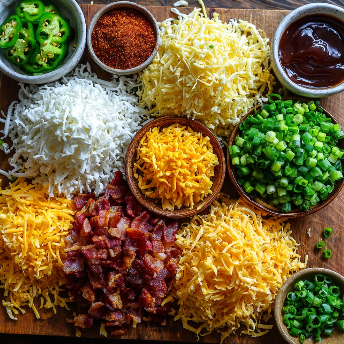A wooden board displaying bowls of shredded cheddar, mozzarella, and pepper jack cheese, sliced jalapeños, green onions, crispy bacon, barbecue sauce, and seasoning.