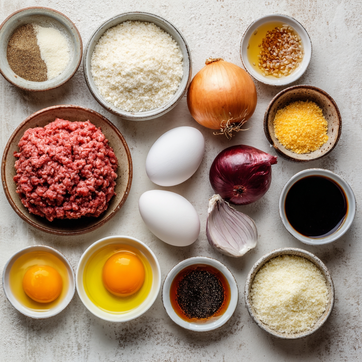 An overhead view of individual meatloaf ingredients arranged on a light surface, including ground beef, eggs, onions, garlic, breadcrumbs, grated cheese, soy sauce, pepper, and oil.