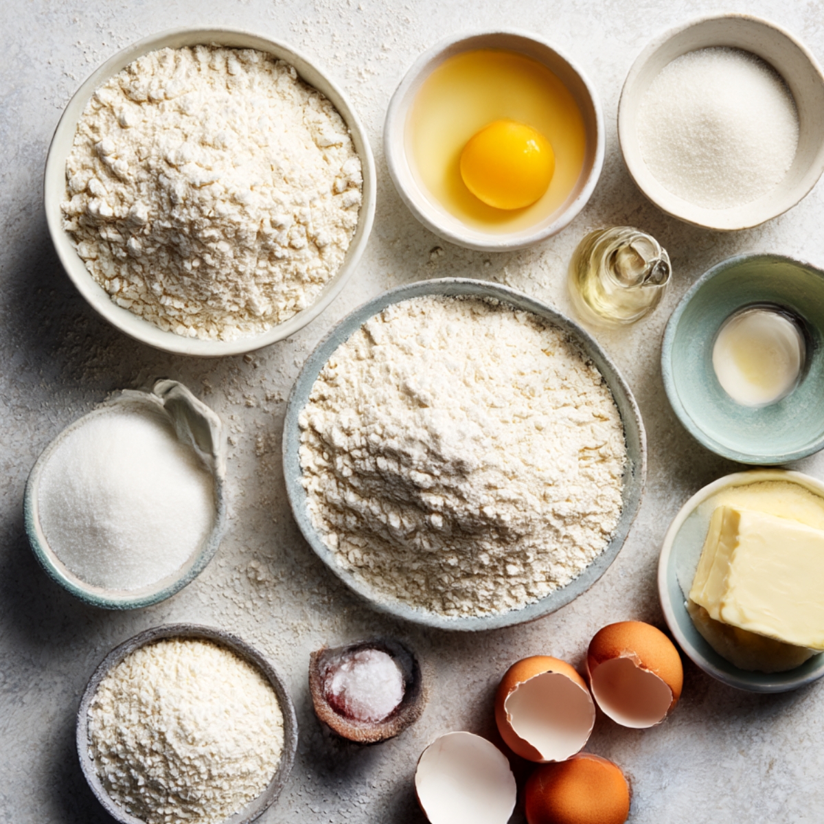 A collection of ingredients for making Pineapple Upside Down Cake, including bowls of flour, sugar, butter, eggs, and oil. The arrangement showcases the key components of a cake recipe, ready to be mixed together.