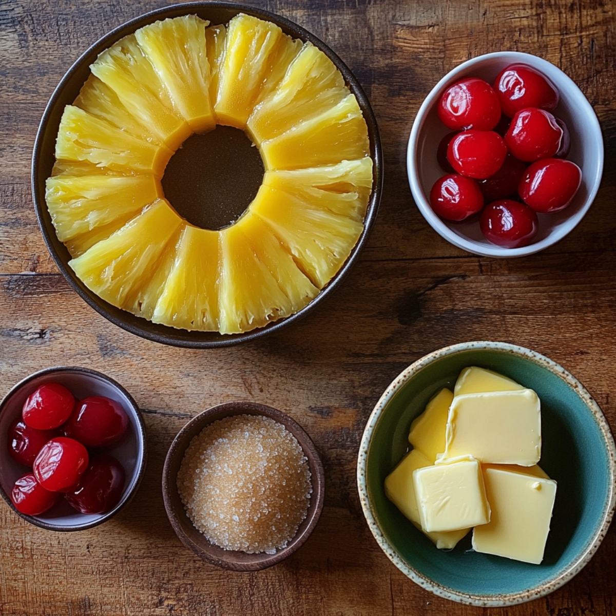 A prep station featuring pineapple slices arranged in a circular formation, with red maraschino cherries placed beside them. Also present are bowls of butter, brown sugar, and other ingredients, all laid out to prepare the cake.