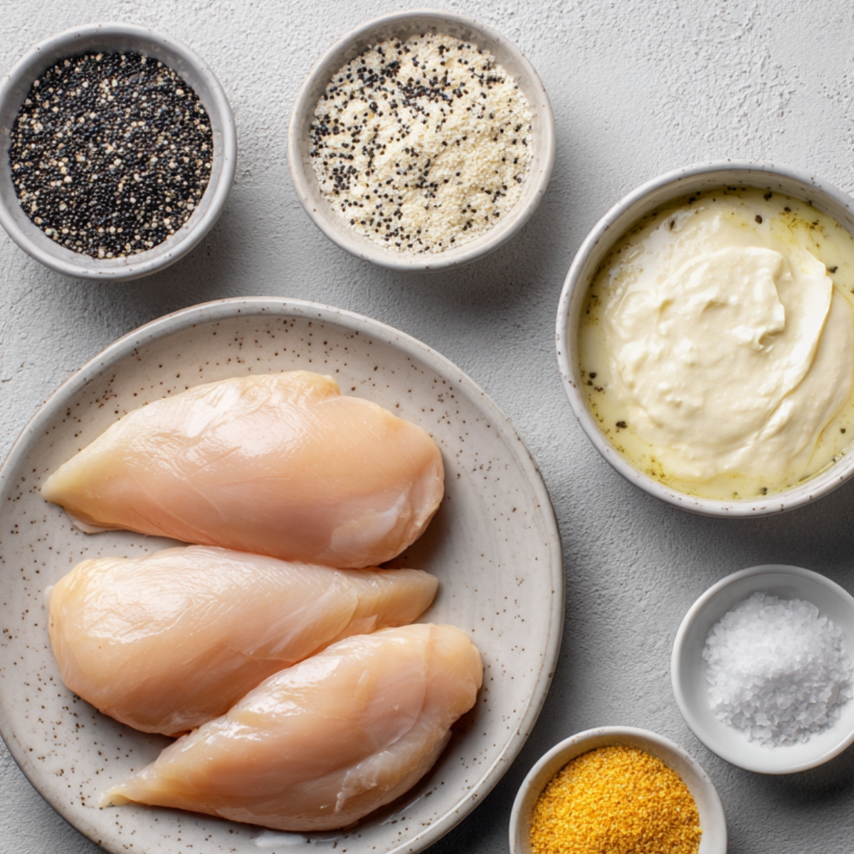 Raw ingredients for poppy seed chicken casserole including chicken breasts, poppy seeds, grated cheese, sour cream, seasoning, and salt, arranged on a light background.