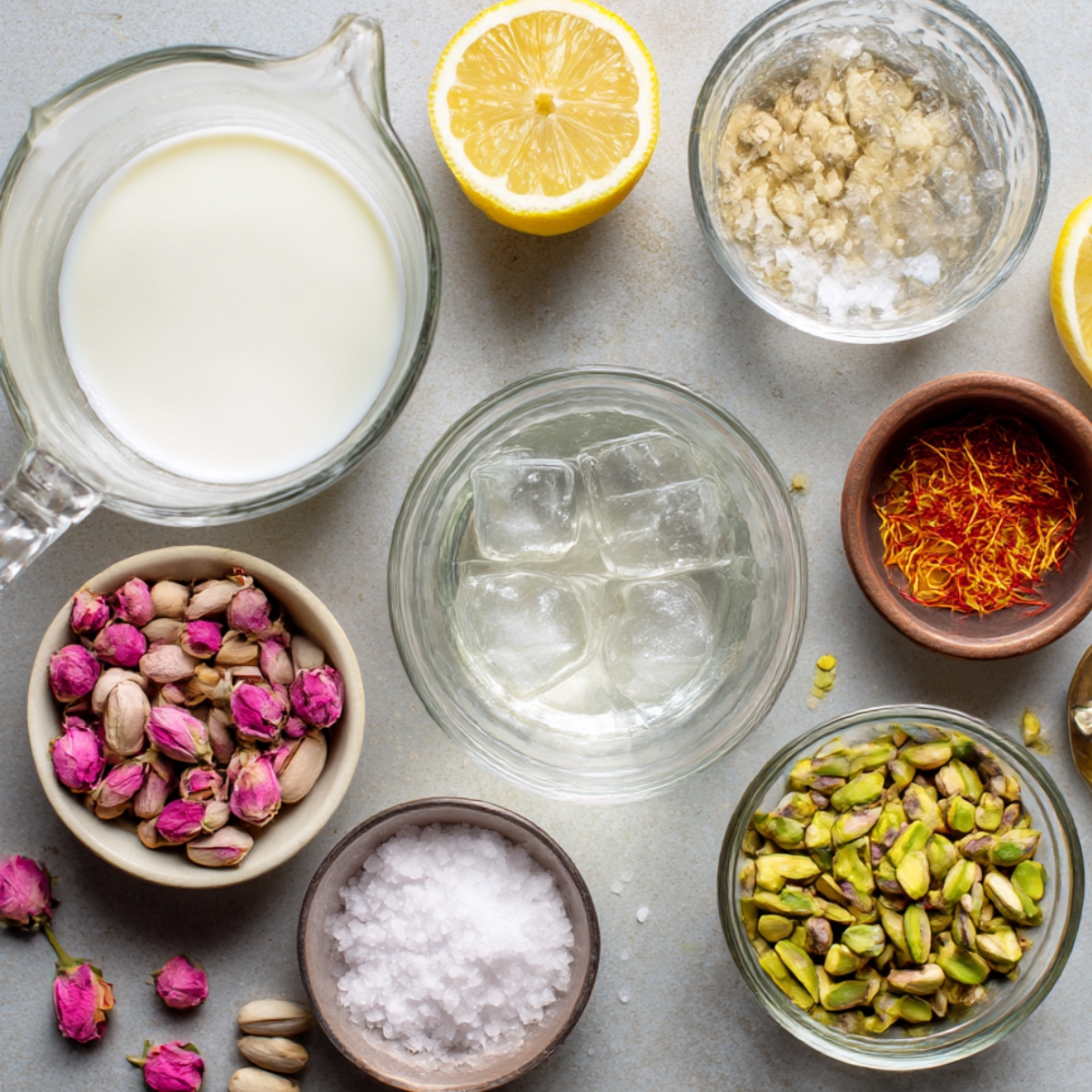 Various ingredients laid out for making Rasgulla, including milk, lemon, pistachios, rose petals, and saffron, on a light surface.