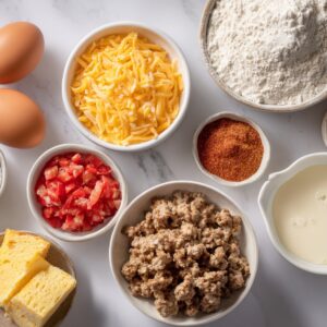 Overhead view of ingredients for Rotel cream cheese sausage balls, including shredded cheddar cheese, sausage, flour, Rotel tomatoes, eggs, milk, and seasonings, all arranged in small bowls on a white countertop.