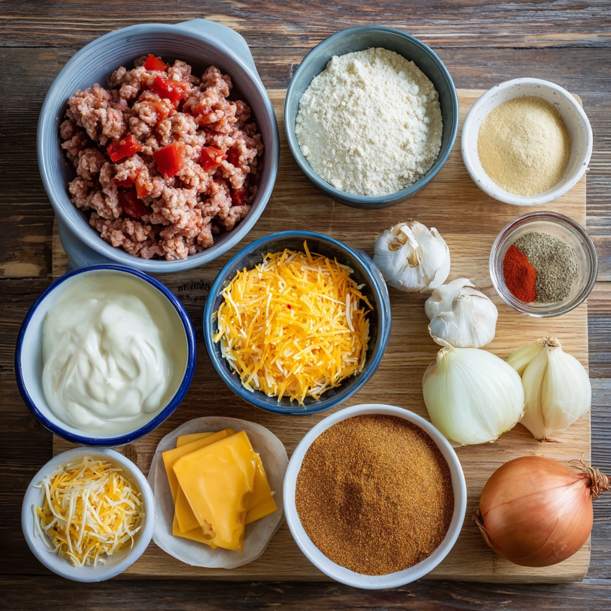 Ingredients for sausage balls displayed on a wooden surface: ground sausage with Rotel, shredded cheeses, sour cream, flour, spices, garlic, onions, and slices of American cheese.