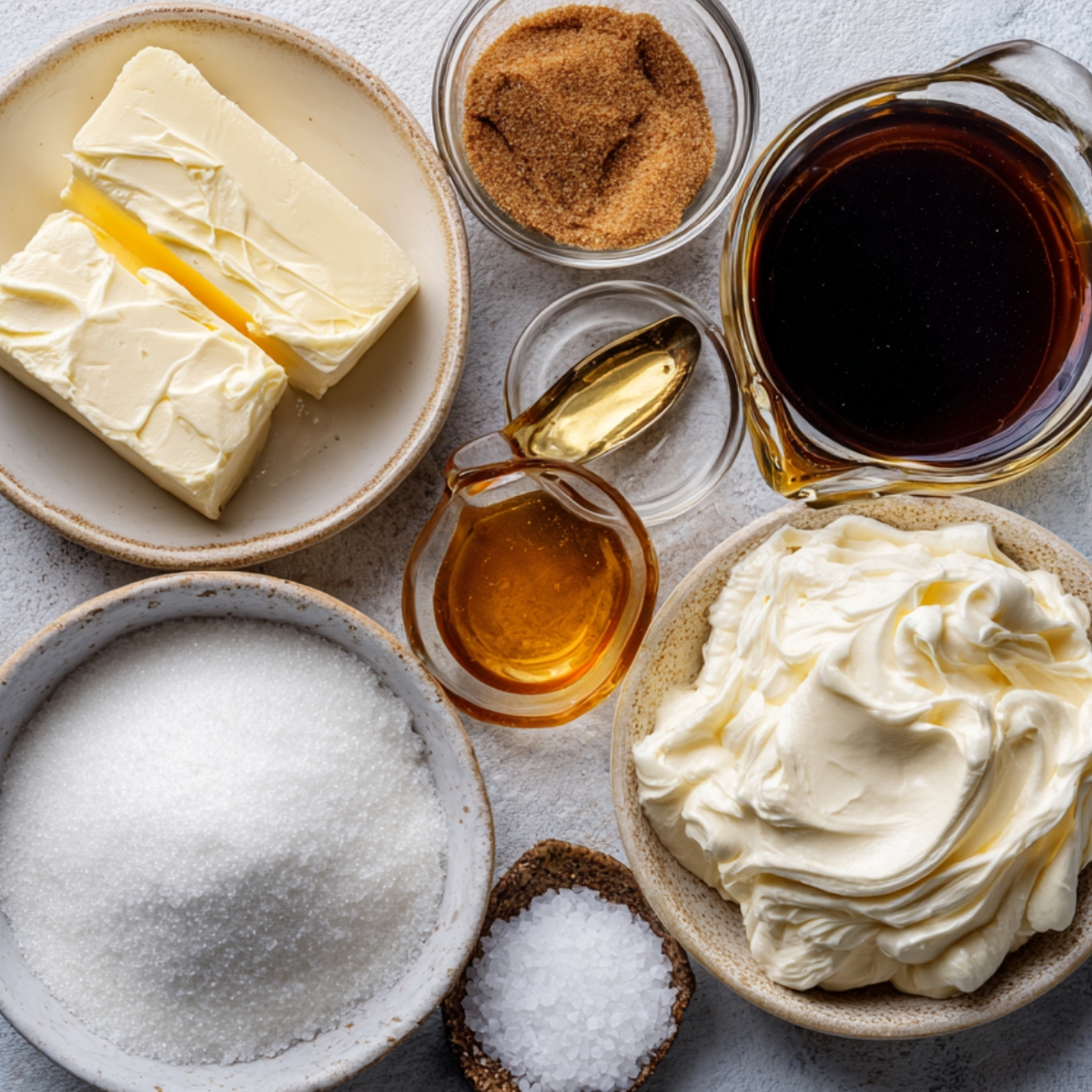 Ingredients for toffee sauce arranged in small bowls, including butter, sugar, cream, syrup, and vanilla, on a light countertop.