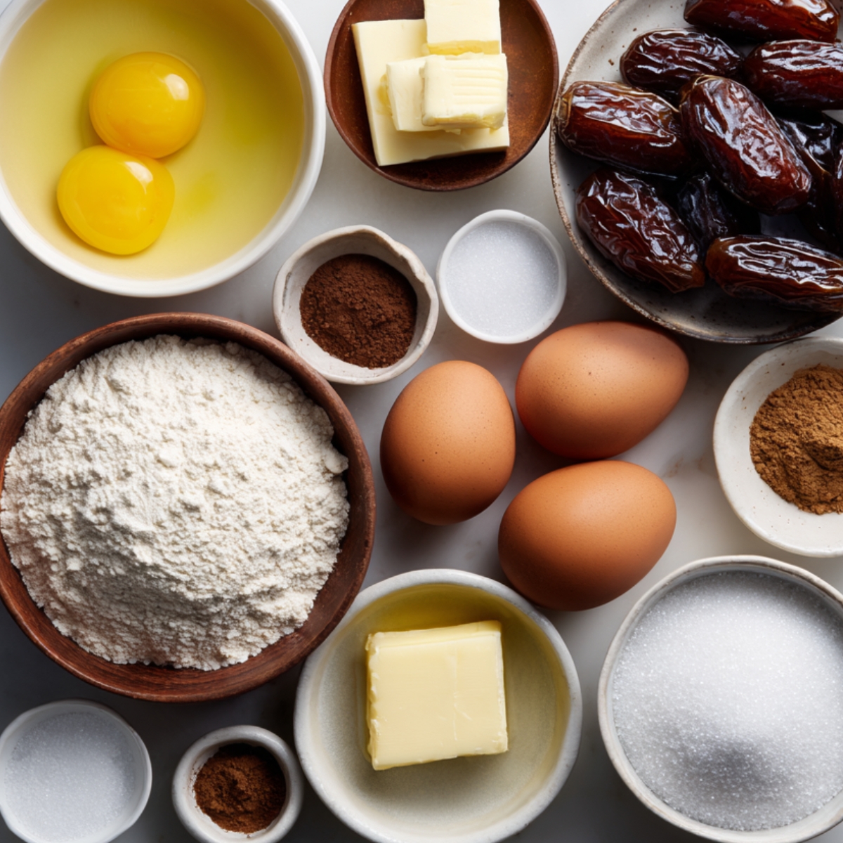 Sticky toffee pudding cake ingredients on a countertop, including flour, sugar, butter, eggs, spices, and whole dates, laid out in small bowls and plates.
