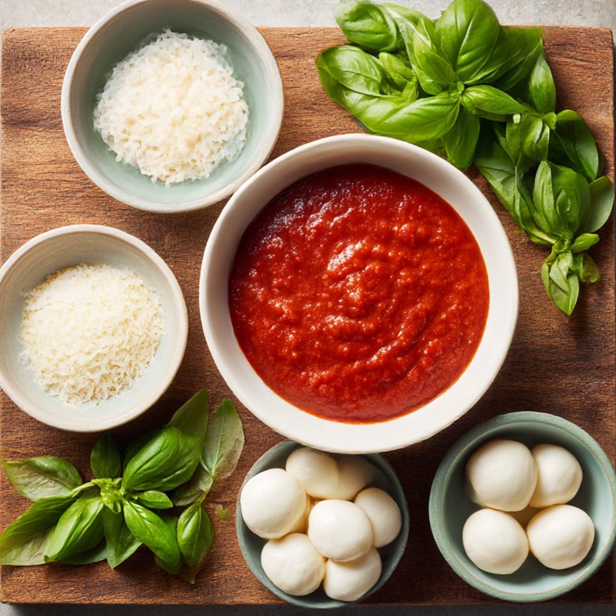 A variety of ingredients for stuffed manicotti including fresh basil, mozzarella balls, tomato sauce, and grated Parmesan cheese arranged on a wooden surface.