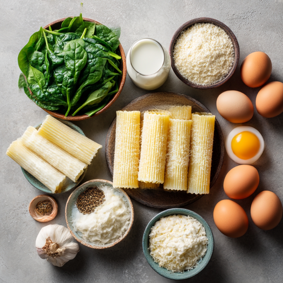 A collection of ingredients for stuffed manicotti including spinach, pasta shells, eggs, garlic, Parmesan cheese, and milk arranged on a light gray background.