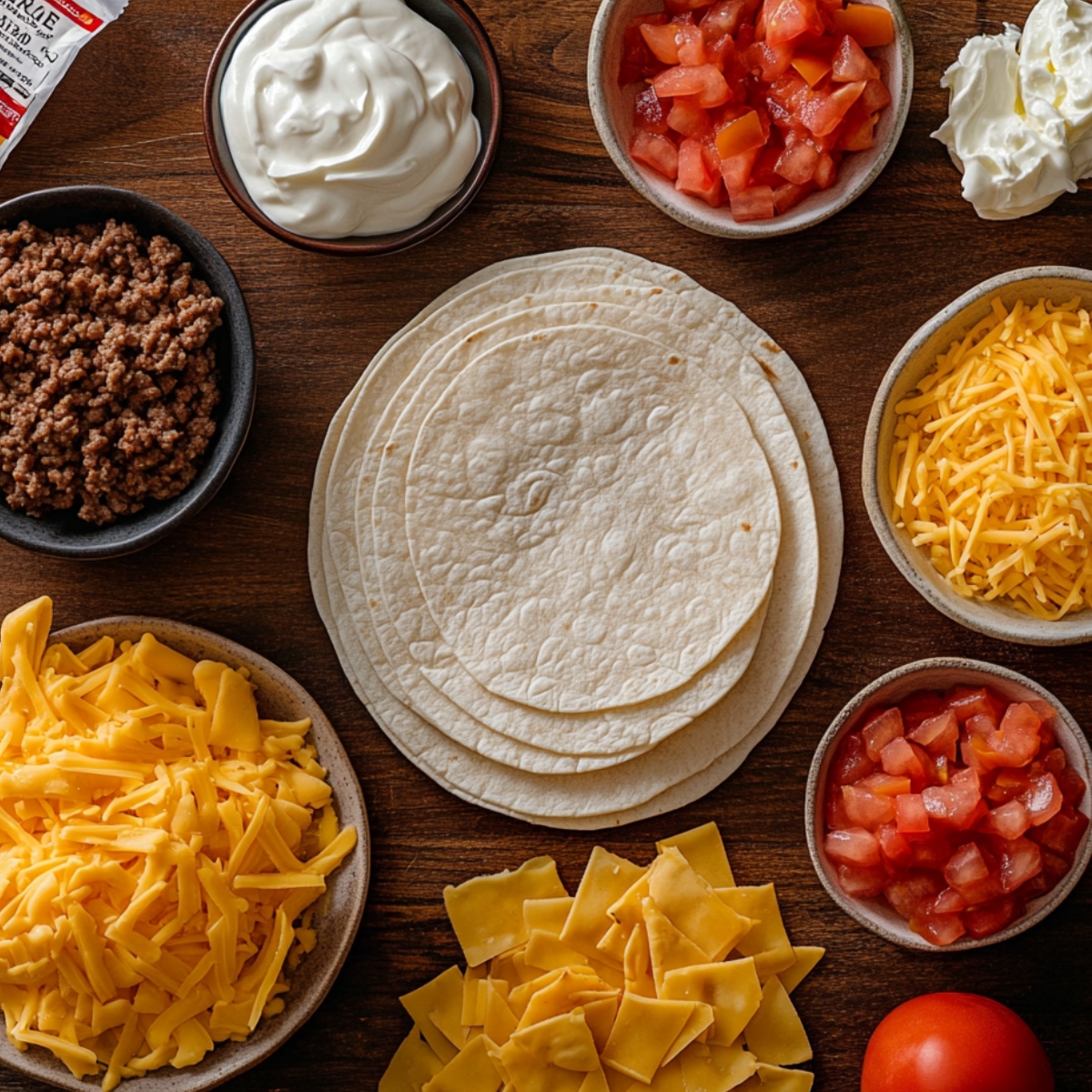 Tortillas, shredded cheddar, diced tomatoes, ground beef, sour cream, and slices of cheddar cheese arranged on a wooden surface.