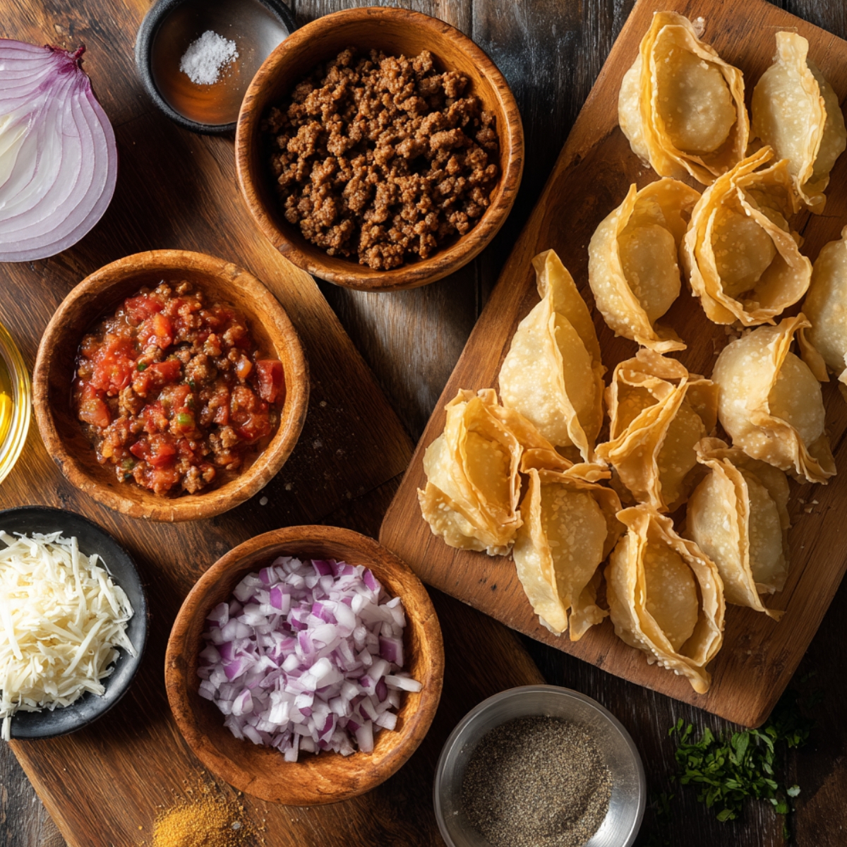 Bowls of ground beef, salsa, shredded cheese, chopped onions, spices, and fried wonton wrappers ready to be filled.