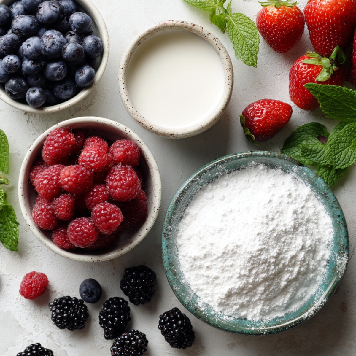 Close-up view of the ingredients for berry pavlova, including eggs, sugar, and vanilla extract, arranged in small bowls on a light background.