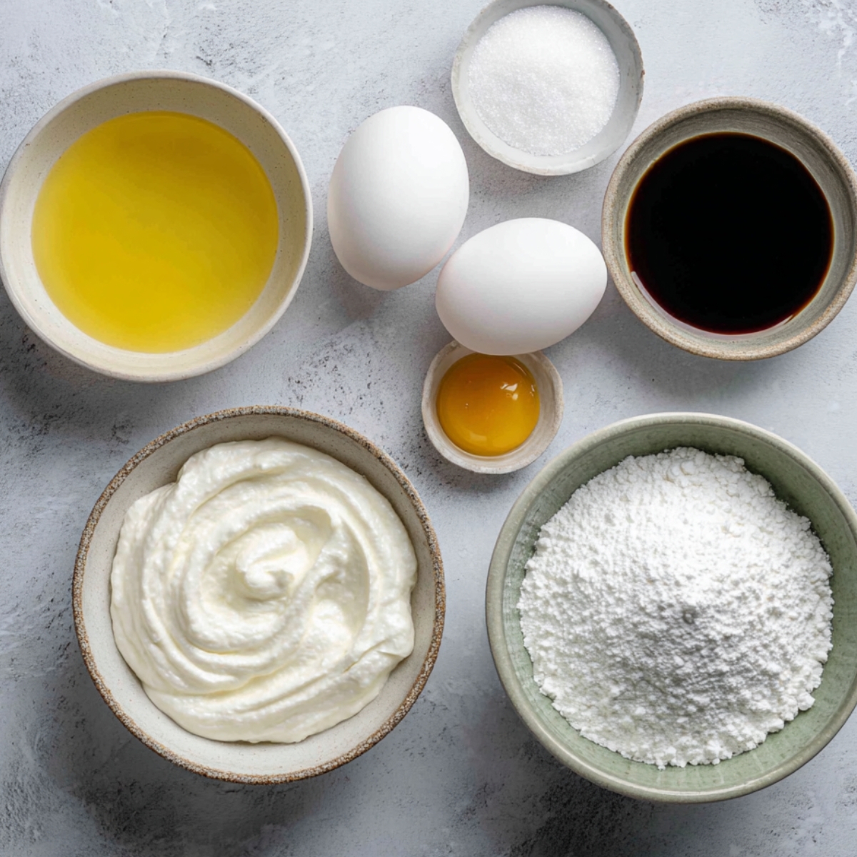 "A flat lay of baking ingredients including a bowl of melted butter, two whole eggs, a small bowl with an egg yolk, granulated sugar, vanilla extract, powdered sugar, whipped cream or mascarpone, all placed on a light grey surface."