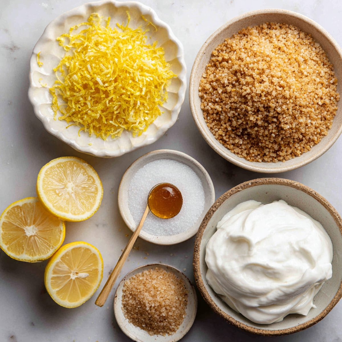Bowls of lemon zest, sugar, and yogurt for adding flavor to homemade blueberry muffins.
