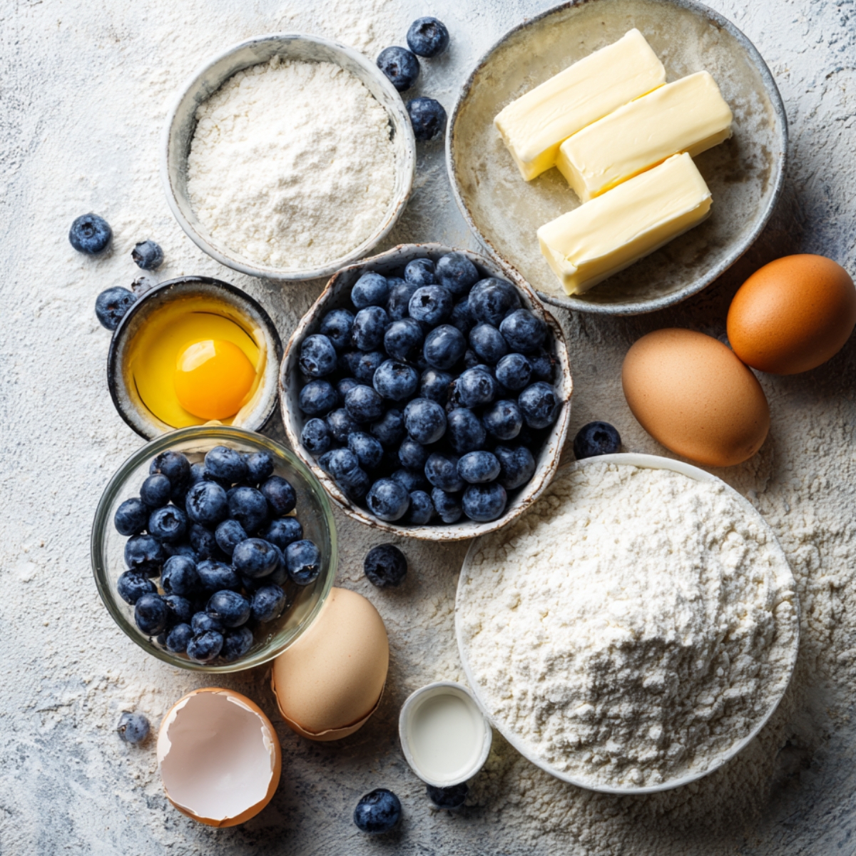 Blueberries, butter, eggs, flour, and milk displayed on a floured surface for making blueberry muffins.