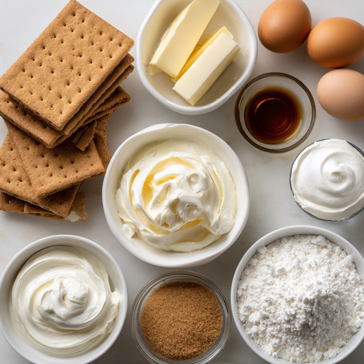 Ingredients for cheesecake base including graham crackers, cream cheese, eggs, butter, vanilla, and sugar displayed on a white surface.