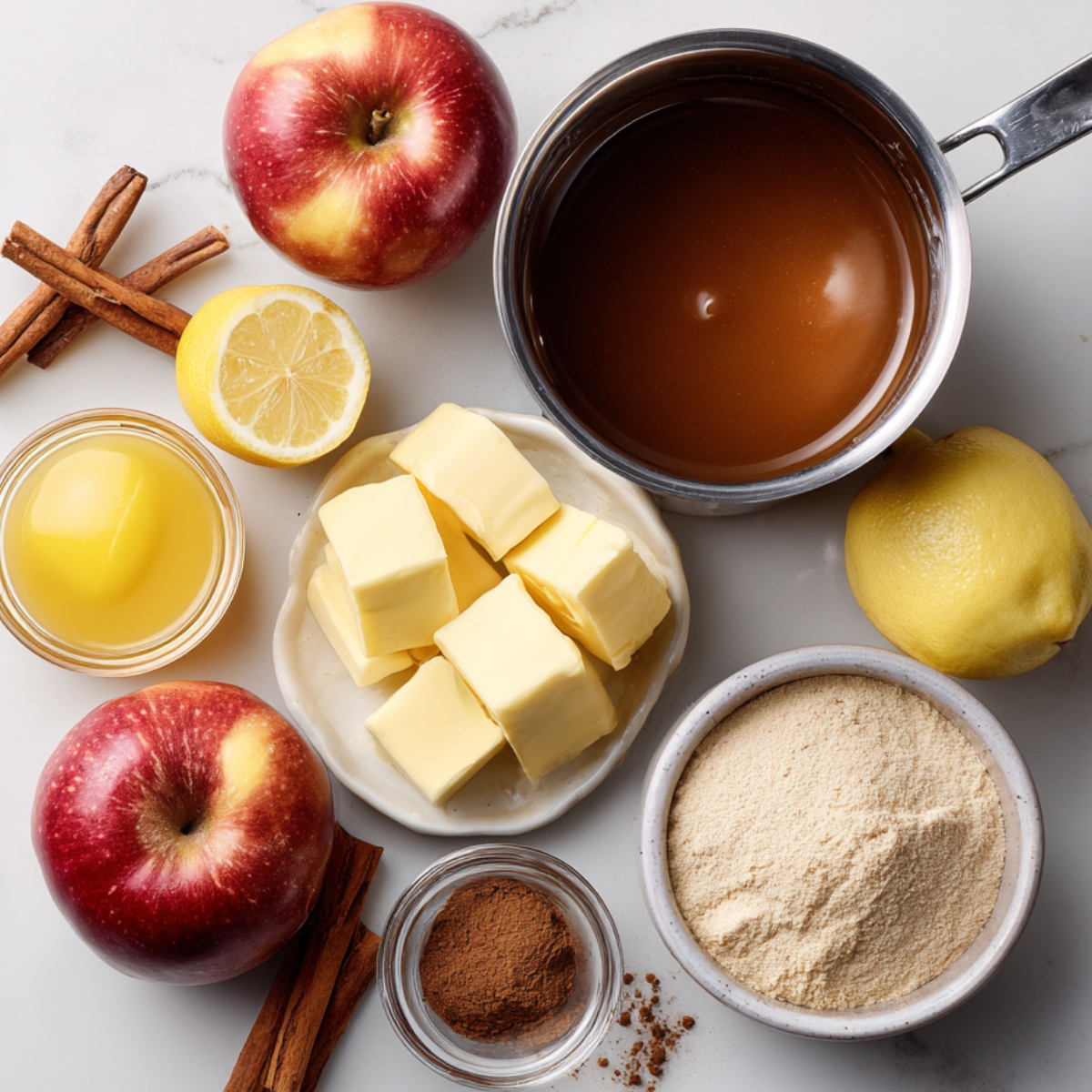 Assorted ingredients for apple topping and caramel sauce including apples, cinnamon sticks, butter, lemons, and caramel in a saucepan.