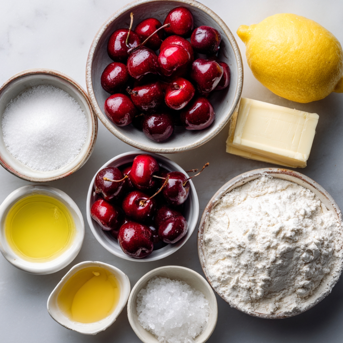 Ingredients for cherry pie neatly arranged on a counter, including cherries, flour, sugar, butter, lemon, oil, salt, and vanilla extract in small bowls.
