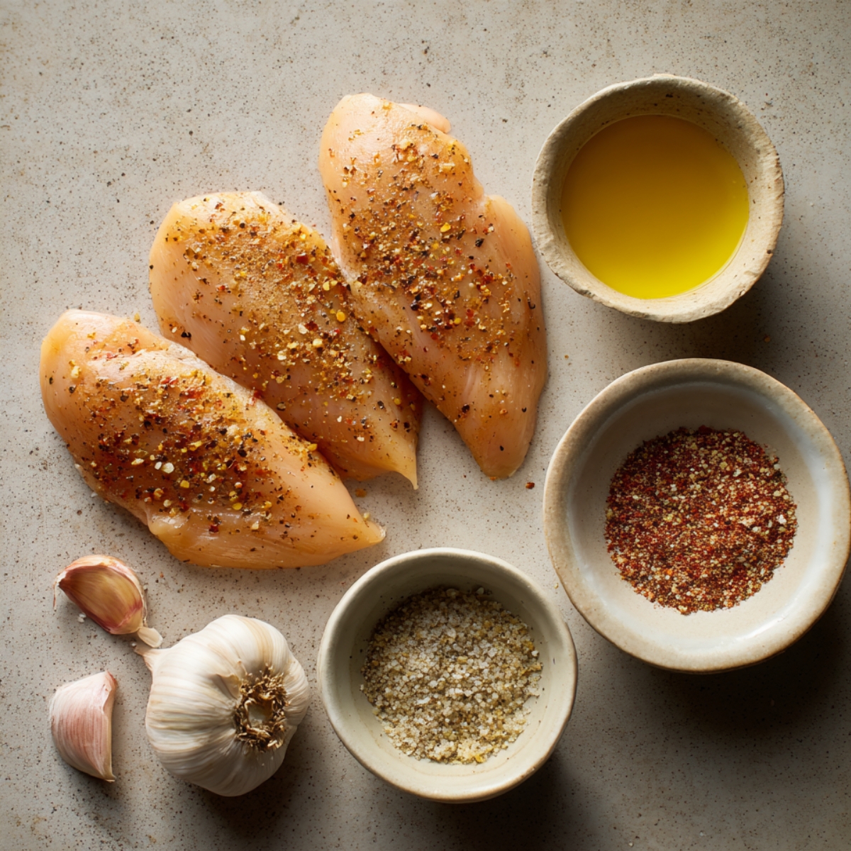 Raw chicken breasts seasoned with spices surrounded by bowls of oil, garlic, coarse salt, and chili flakes on a countertop.