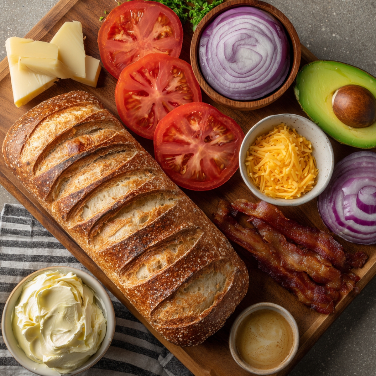 Assortment of sandwich ingredients on a wooden board including whole loaf of bread, sliced tomatoes, cheddar cheese, avocado, onions, bacon, and cream cheese.