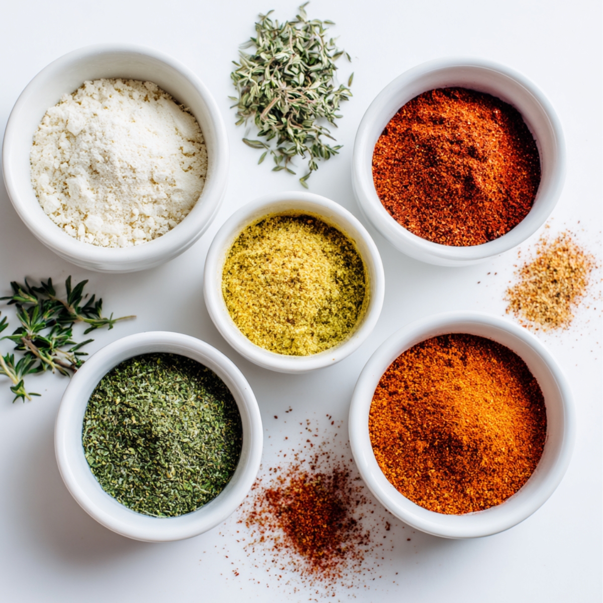 Small bowls filled with various colorful spices like paprika, turmeric, oregano, and flour.