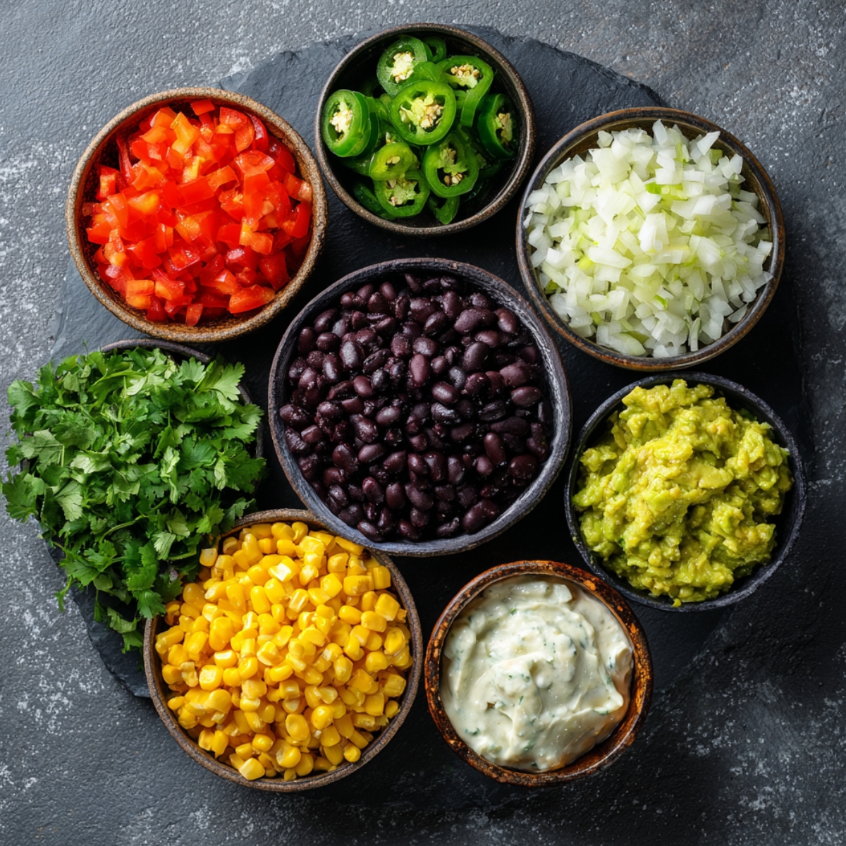 "Overhead shot of quesadilla toppings in bowls including black beans, guacamole, jalapeños, bell peppers, onions, corn, and cilantro."