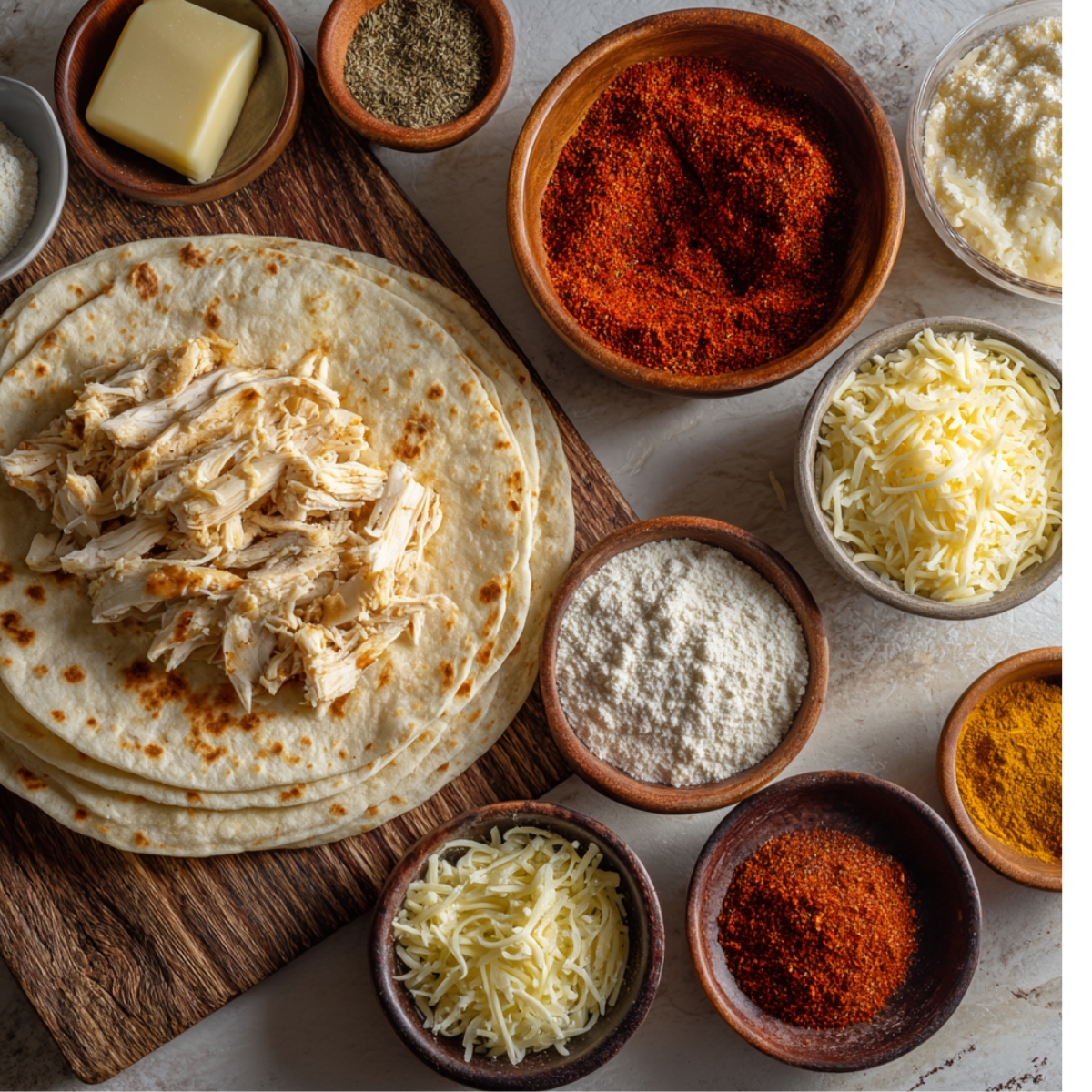 "Chicken quesadilla ingredients on a kitchen surface including shredded chicken, cheese, tortillas, butter, and assorted spices."