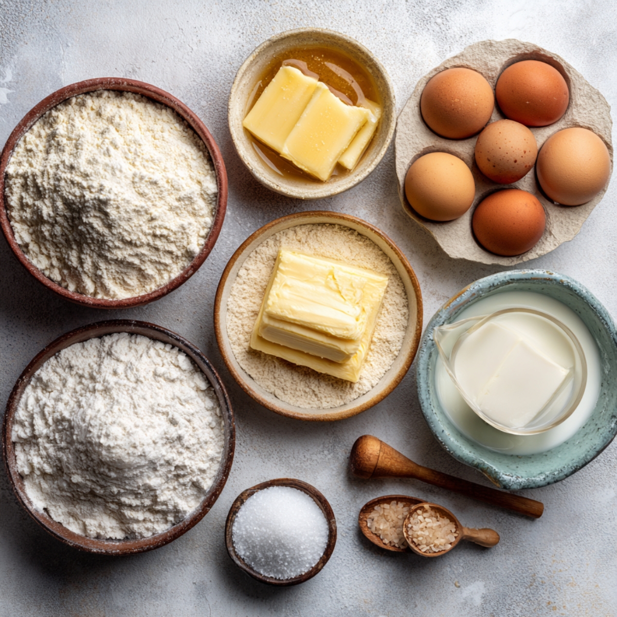 "Ingredients for cupcake batter arranged on a counter: flour, sugar, butter, eggs, milk, vanilla, and baking powder."