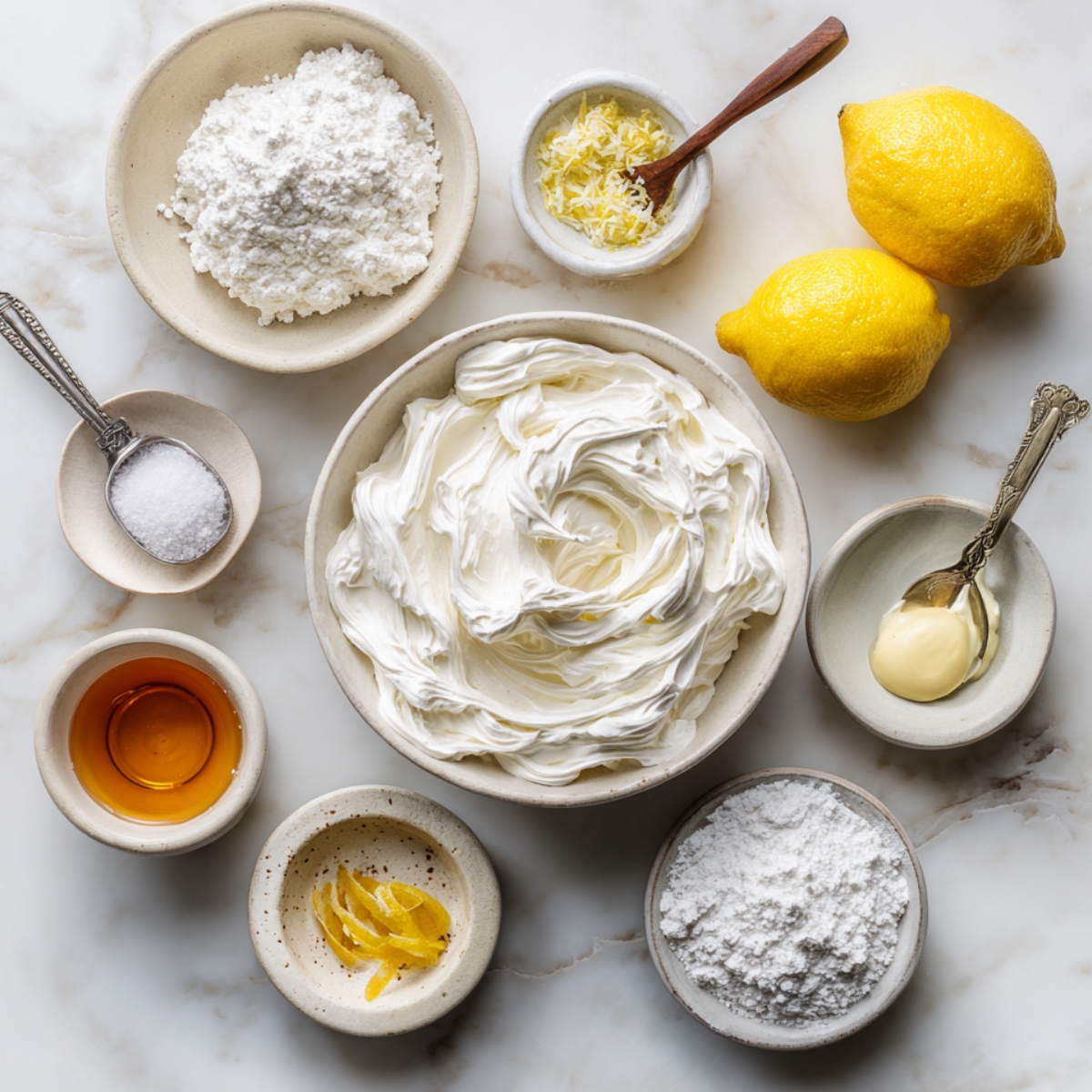 "Ingredients for lemon frosting laid out on a white marble surface, including lemons, powdered sugar, zest, vanilla, salt, and whipped cream in bowls."