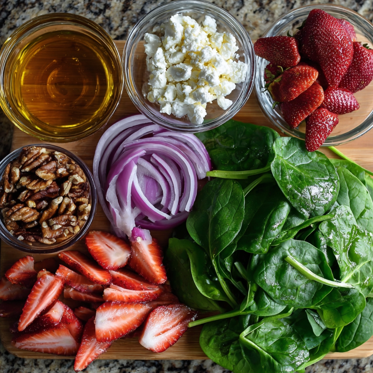 "A wooden cutting board with small glass bowls containing olive oil, crumbled cheese, sliced red onion, toasted pecans, whole and sliced strawberries, and fresh spinach leaves."