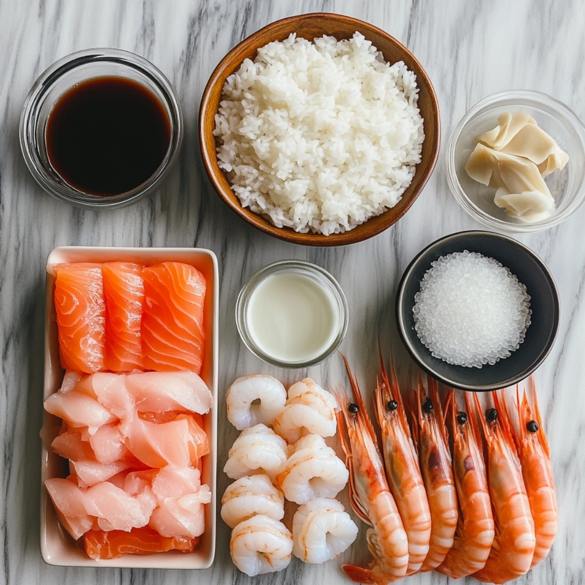 Ingredients for sushi bake laid out: cooked rice, fresh salmon, raw white fish, shrimp, prawns, soy sauce, pickled ginger, and sugar.