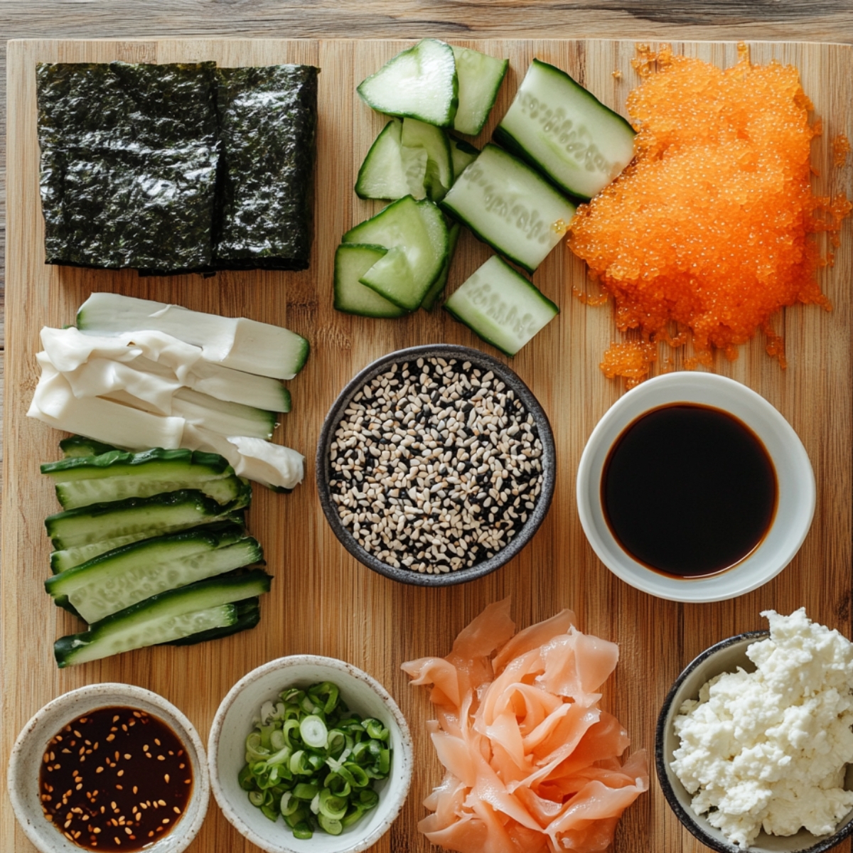 Various sushi bake toppings on a cutting board: cucumber slices, seaweed sheets, tobiko, sesame seeds, soy sauce, scallions, pickled ginger, imitation crab sticks, and cream cheese.