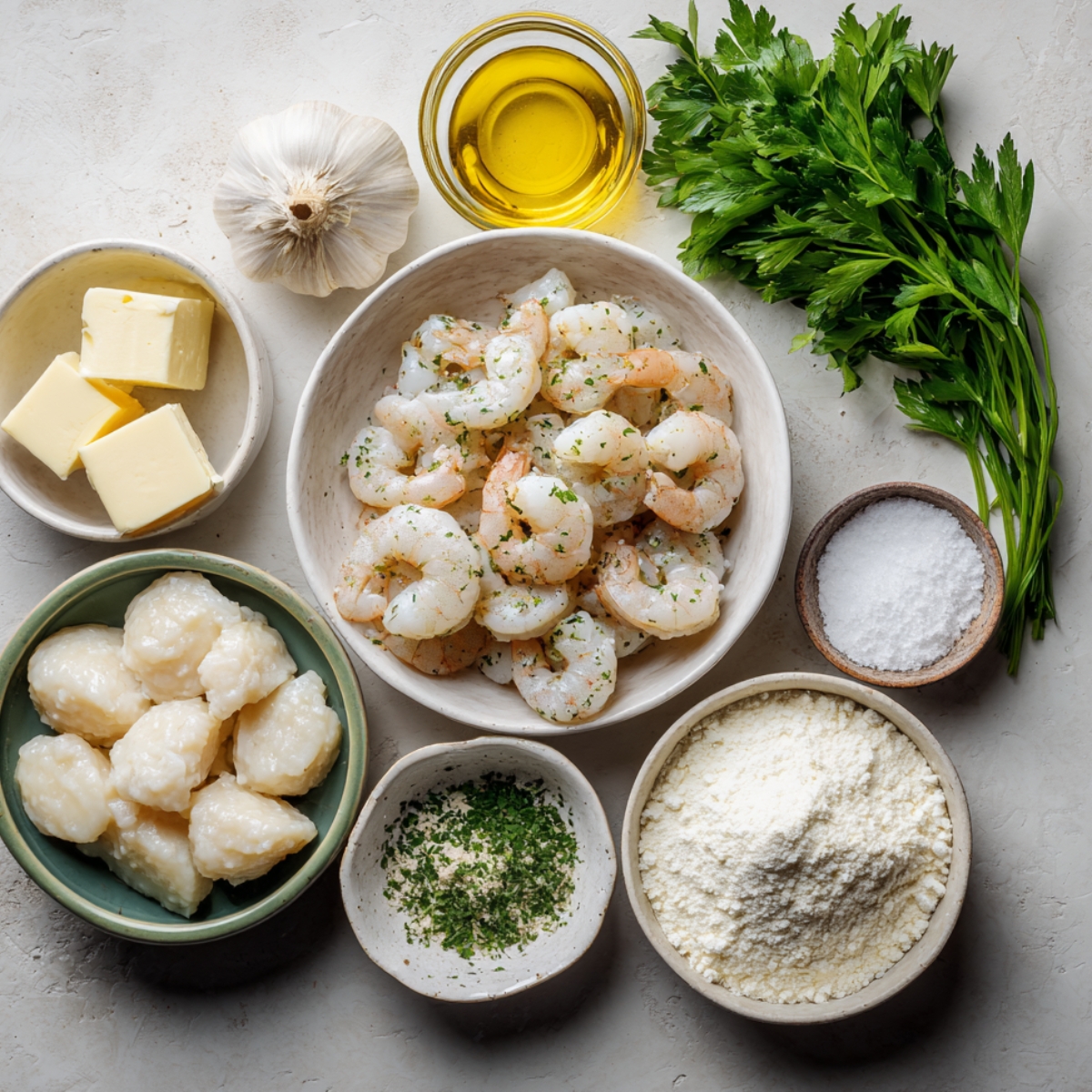 A flat lay of seafood lasagna ingredients: raw shrimp, garlic, butter, scallops, parsley, olive oil, salt, grated cheese, and seasonings arranged in small bowls.