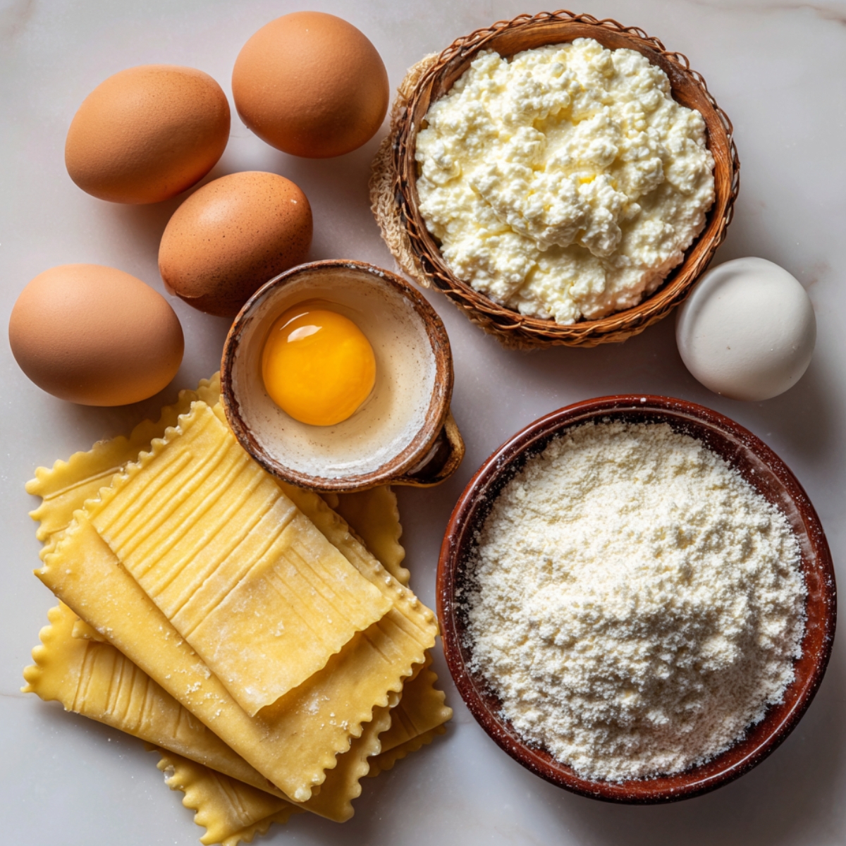 A flat lay of lasagna ingredients including lasagna noodles, eggs, ricotta cheese, grated cheese, and a cracked egg in a small dish.