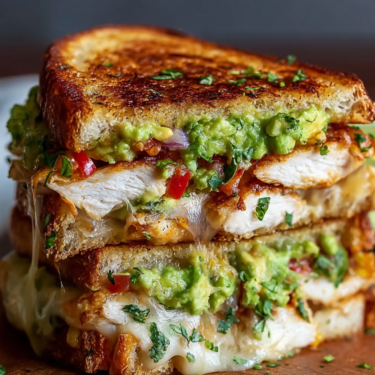 Grilled chicken avocado melt sandwich with guacamole, melted cheese, and fresh herbs served on toasted bread, cut and stacked.