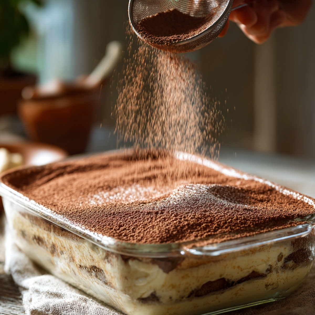 A close-up of a fluffy cream mixture being whisked in a glass bowl, showing a smooth and rich texture.