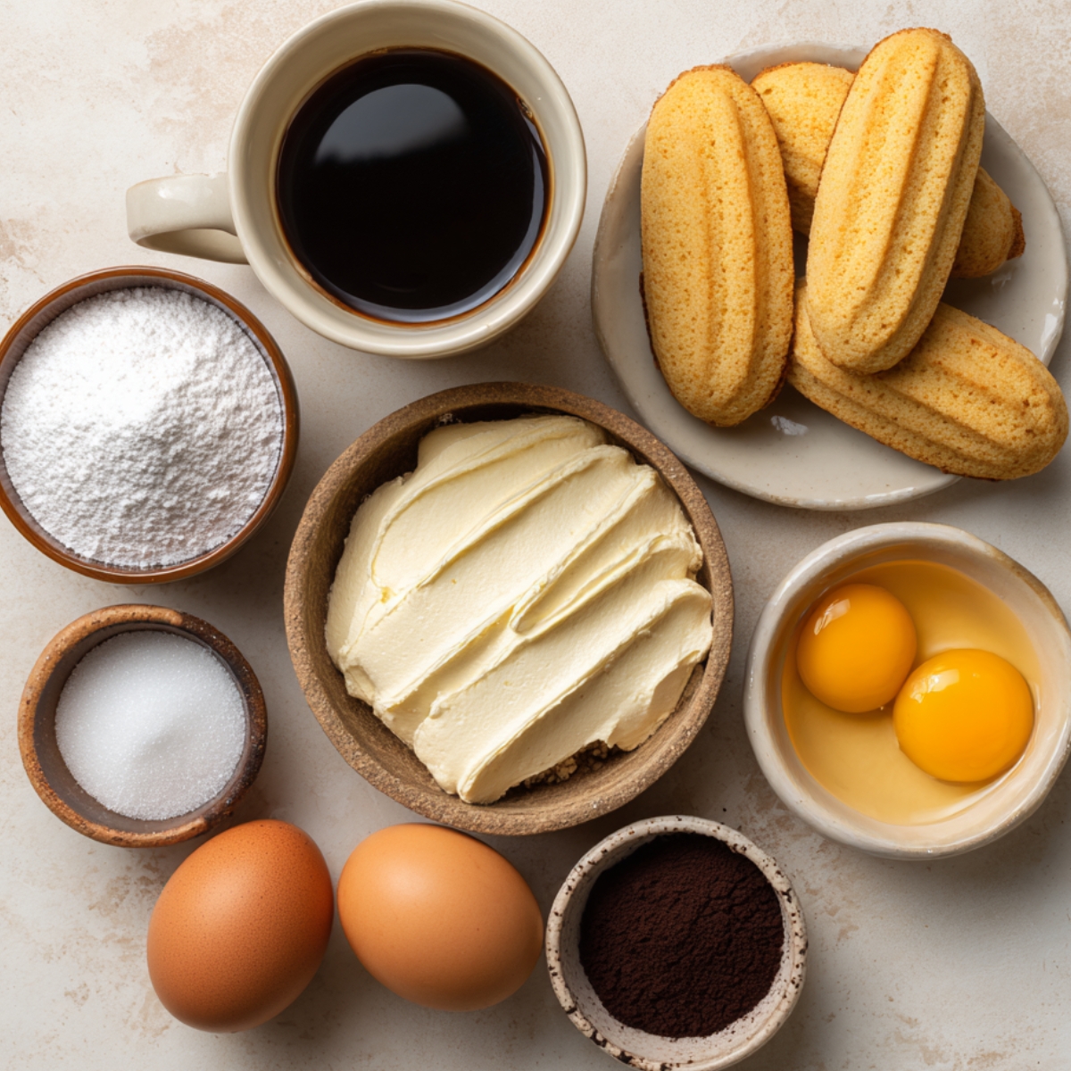 A serving of tiramisu on a white plate topped with chocolate shavings and dusted cocoa powder.