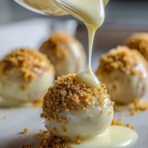 White chocolate being poured over a truffle coated in golden graham cracker crumbs, with more truffles in the background on a baking tray.