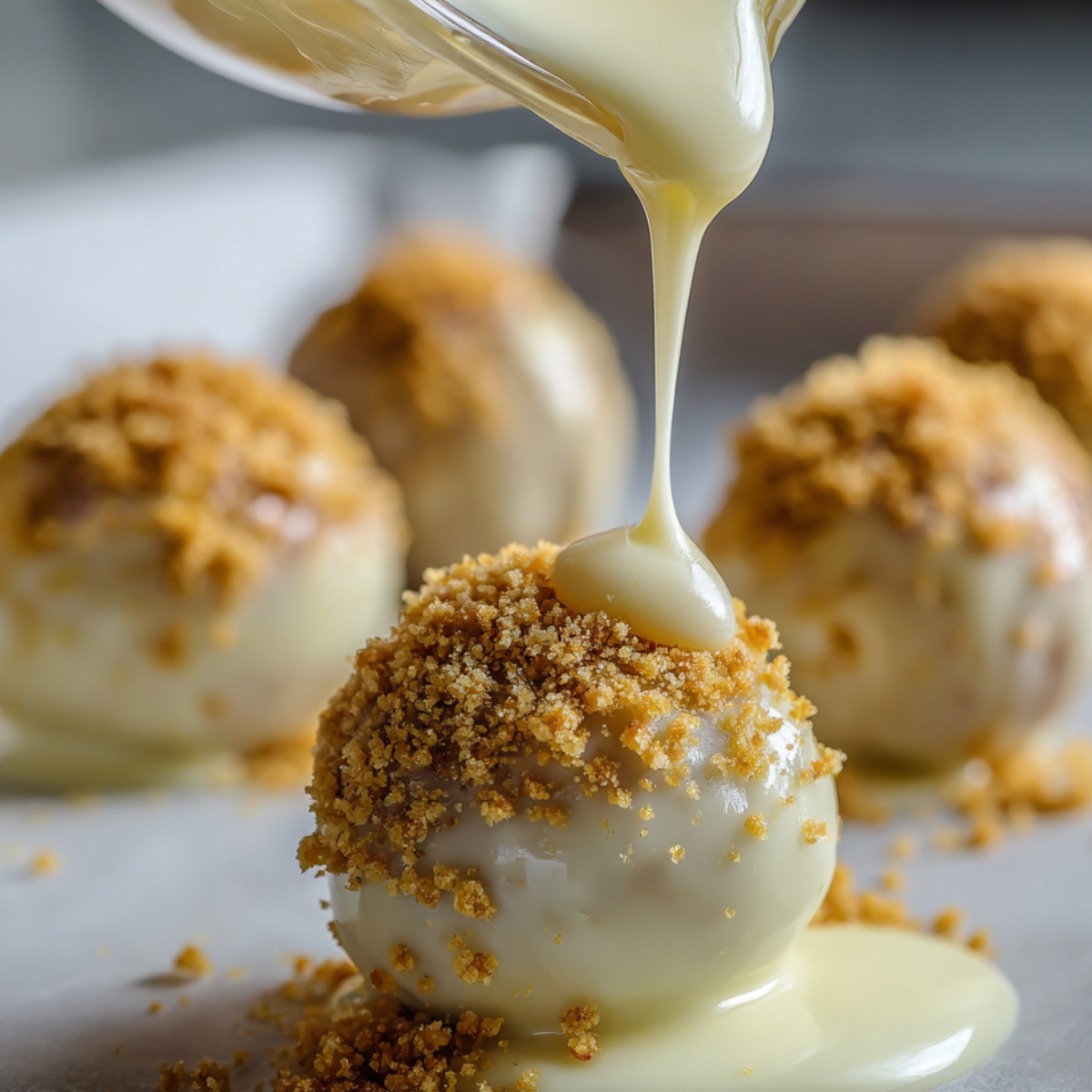 White chocolate being poured over a truffle coated in golden graham cracker crumbs, with more truffles in the background on a baking tray.