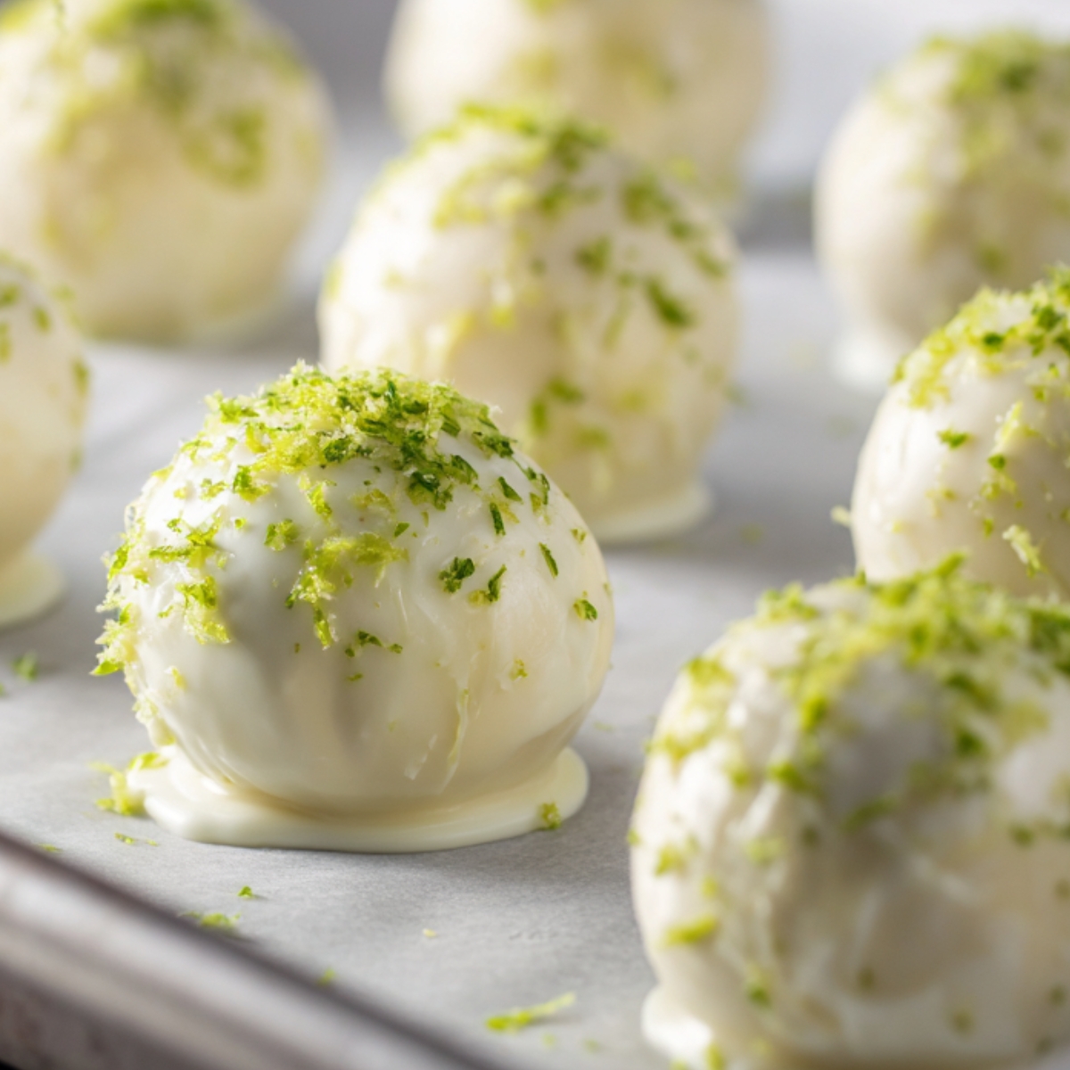 Close-up of white chocolate–coated key lime truffles sprinkled with fresh lime zest, set on a parchment-lined baking sheet.