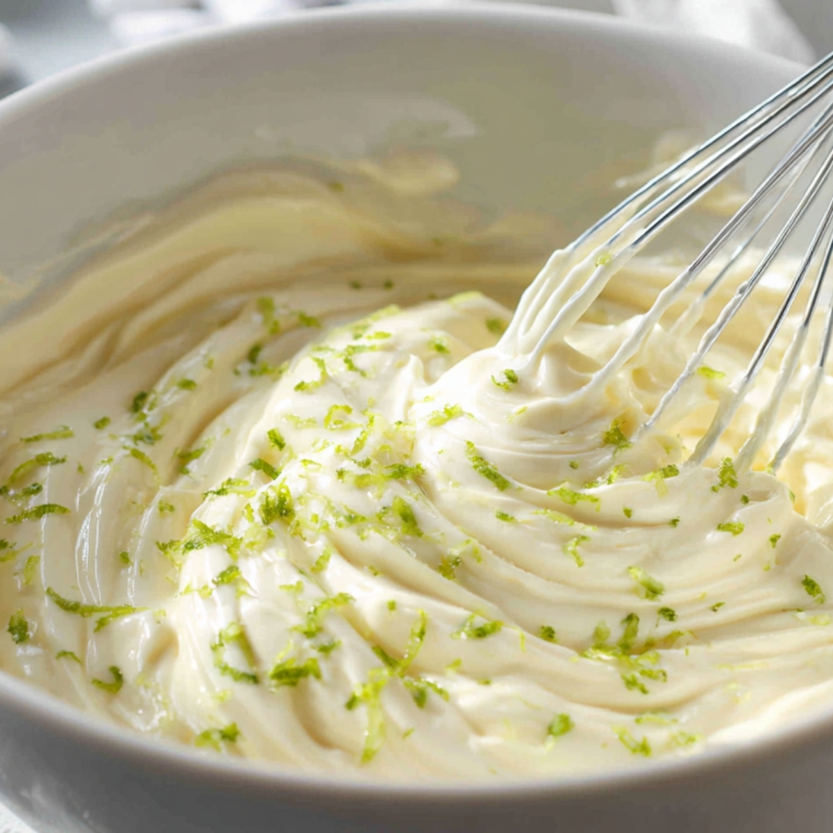 Whisk stirring creamy key lime mixture with flecks of lime zest in a white bowl.