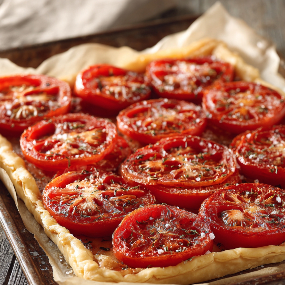 A baked tomato tart on a tray, layered with roasted tomato slices seasoned with herbs and parmesan.