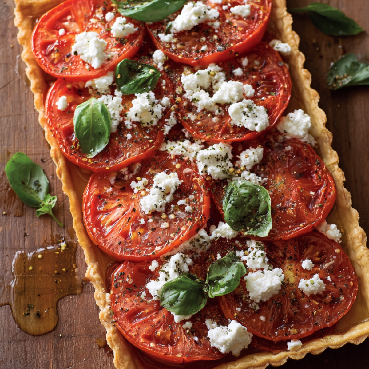 A rectangular tomato tart on a wooden surface, decorated with fresh basil leaves and crumbles of ricotta cheese on top of sliced tomatoes.