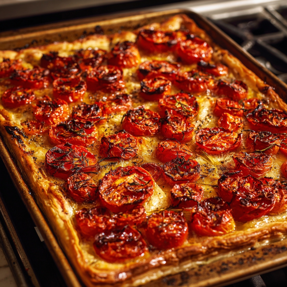A rectangular tomato tart fresh out of the oven, topped with roasted tomato slices, herbs, and set on a golden puff pastry crust.