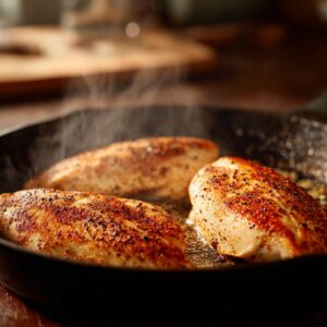 Three seasoned chicken breasts being pan-seared in a skillet with visible steam rising.
