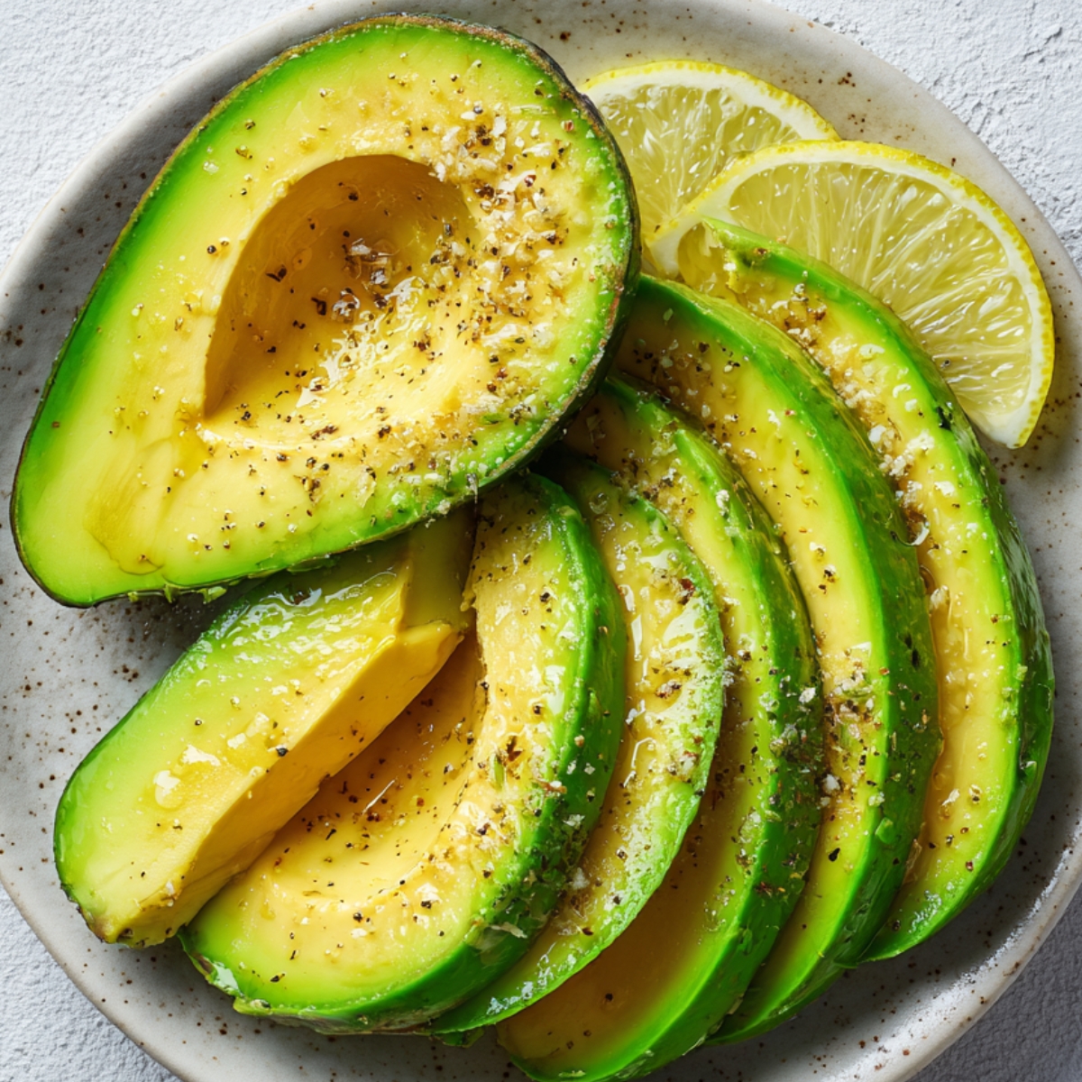 Sliced avocado arranged on a plate with cracked black pepper, sea salt, and lemon wedges.