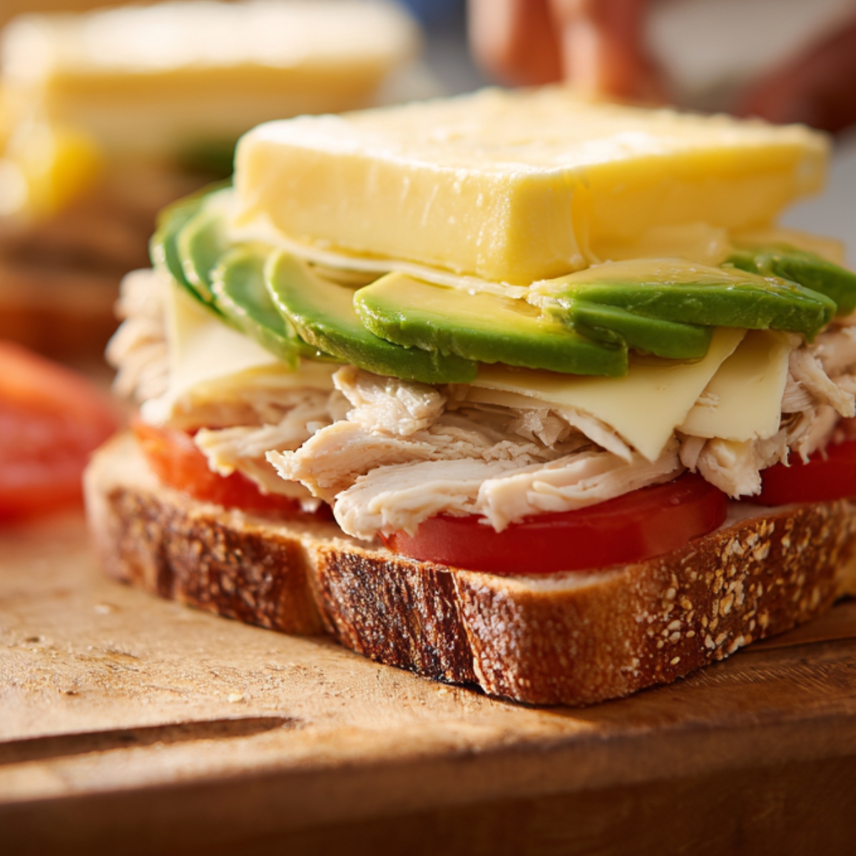Open-faced sandwich on a wooden board being prepared with layers of sliced tomato, shredded chicken, avocado slices, and cheese.