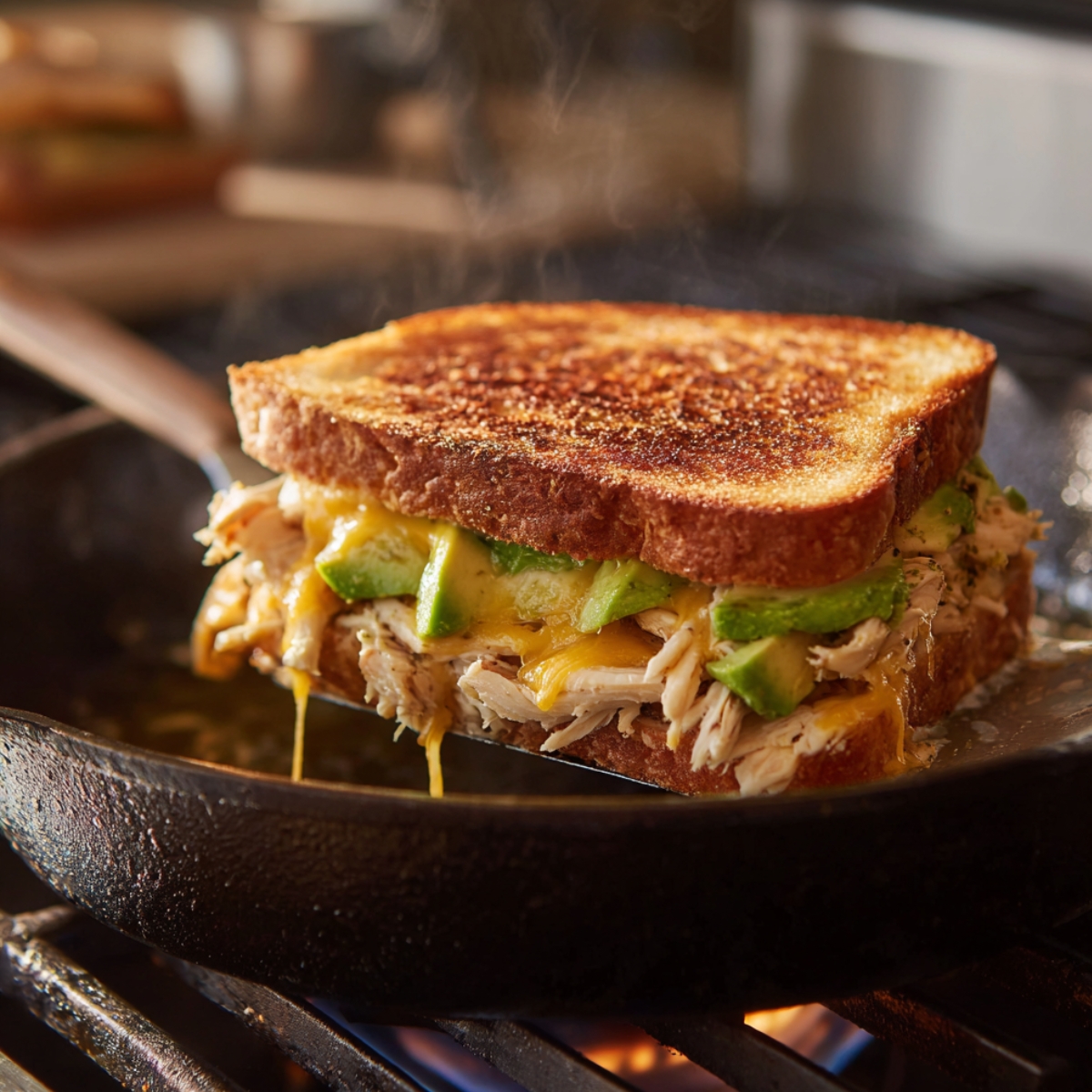 Chicken avocado melt sandwich grilling in a cast-iron skillet, with golden brown crispy bread and melted cheddar cheese dripping down.